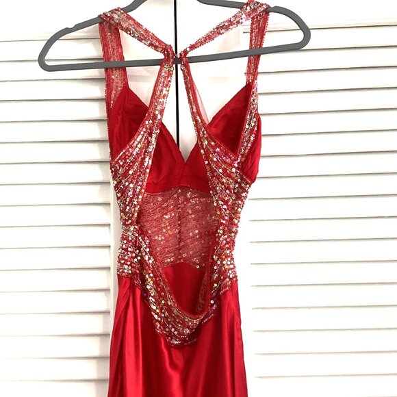 Jovani Red Sequin Embellished Satin 100% Silk Maxi Dress Gown Size 4 - Picture 3 of 16